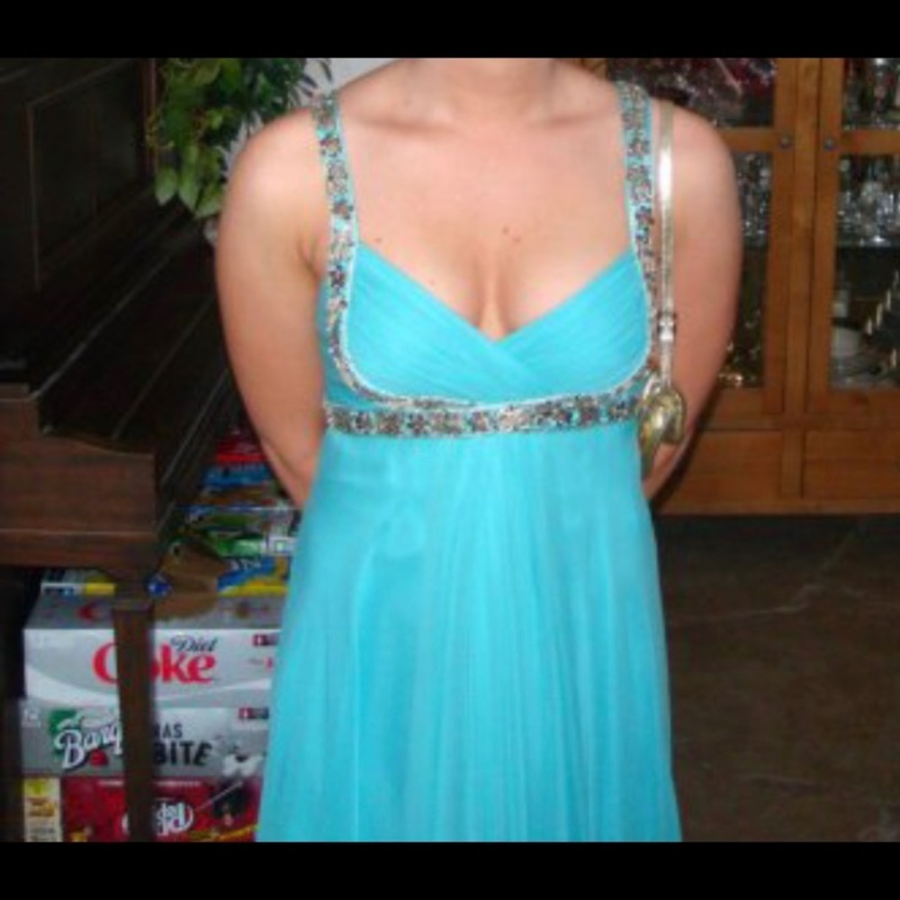 Marchesa Notte gold and teal chiffon gown size 6